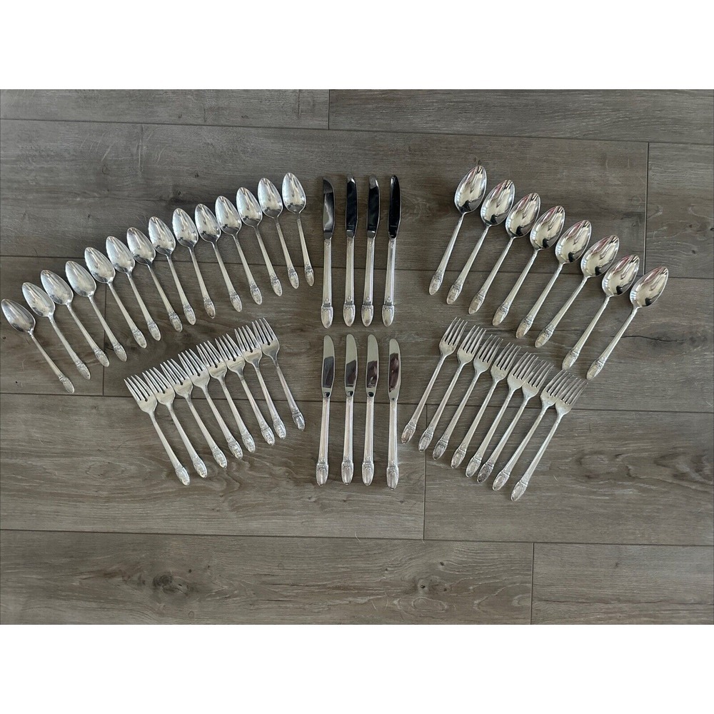46 pc silverplate flatware set by Rogers, First Love Pattern.‎ Monogram M, srv 8